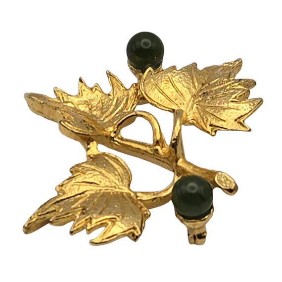 Vintage Hobe Leaf Brooch With Faux Jade Gemstones Gold Tone