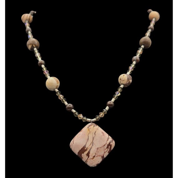 Vintage Earth Tone Necklace With Stone Pendant & AB Beads