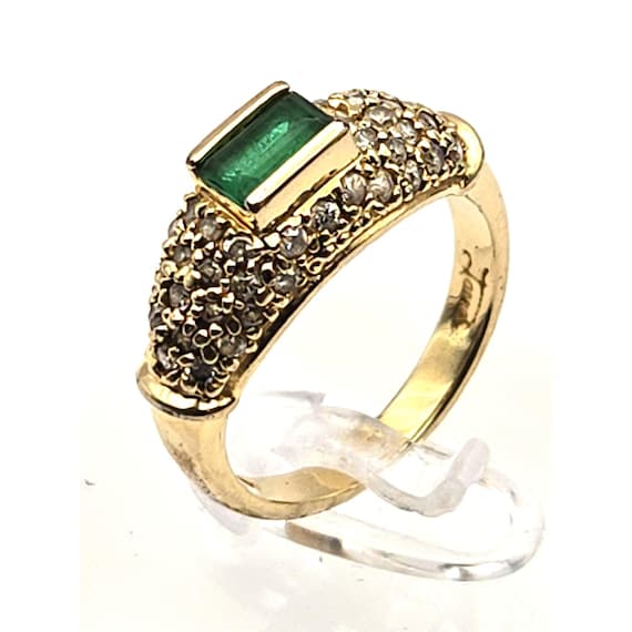 Vintage-Style Sterling Gold Vermeil Ring W/Emerald-Cut Green Gemstone & Rhinestone Accents 7 3/4