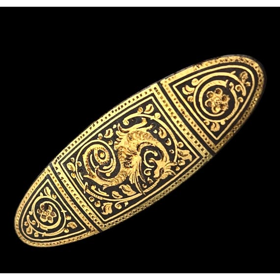 Victorian Damascene Gold & Black Enamel Brooch Pin
