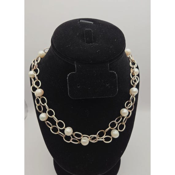 Vintage Double Strand Pearl & Sterling Silver Chain Necklace