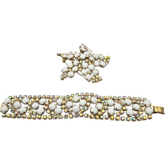 Vtg Julianna Milk Glass & AB Rhinestone Starfish Brooch - Bracelet Set