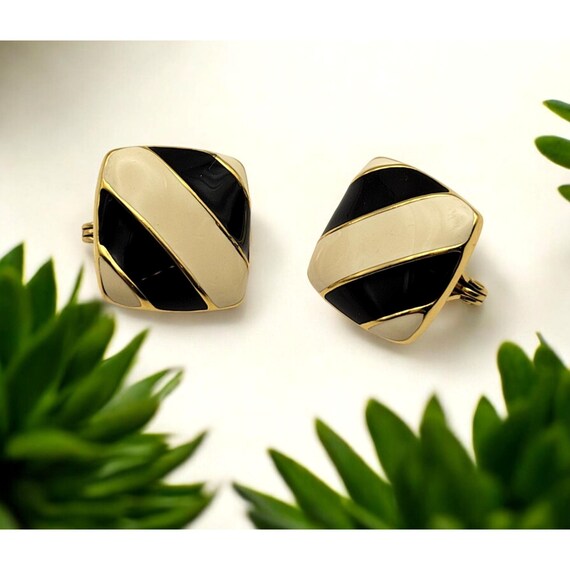 Vintage Monet Black & Cream Enamel Striped Clip-On Earrings Gold-Tone