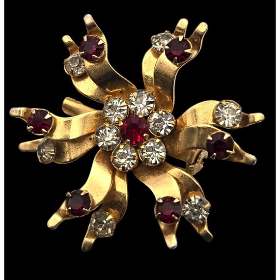 Vintage Gold-Tone Brooch Pin With Red & Clear Rhinestones Spiral Design 1 3/4 "