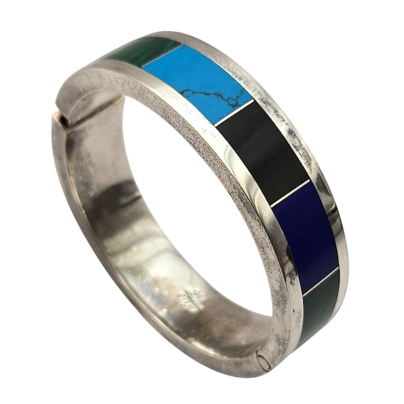 Vtg Mexican 950 Silver Hinged Bracelet W/ Turquoise Malachite Black Onyx & Lapis Lazuli Inlay