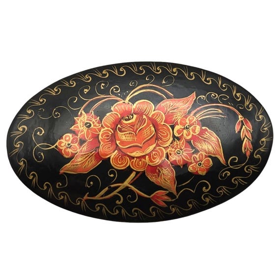 Vtg Russian Hand-Painted Black Lacquer Floral Brooch Signed Oval Pin 2 1/2 " x 1 1/2 "