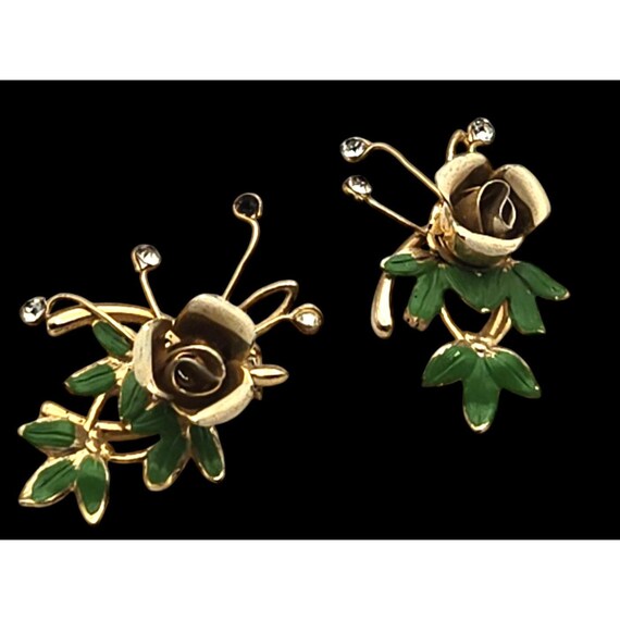 Vintage Gold & Green Enamel Rose Delicate Pins / Brooches (PR)