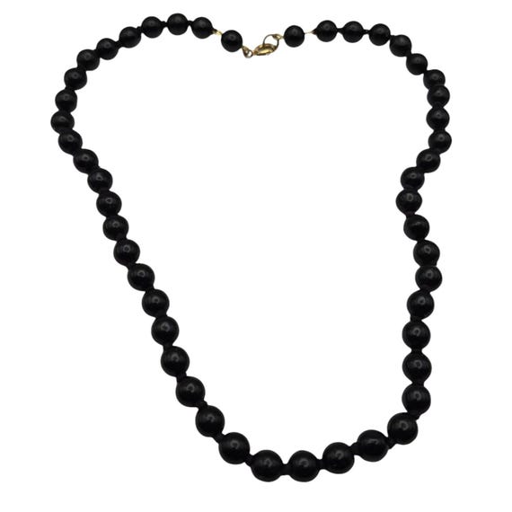 Vintage Black Onyx Beaded Necklace 15.5" With 7.06mm Smooth Beads & Gold-Tone Clasp