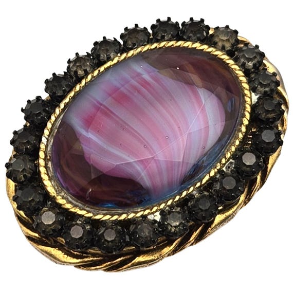 Vtg Schrager Oval Pink Agate Glass & Black Rhinestone Brooch Gold-Tone Setting 1.5" Pin Jewelry
