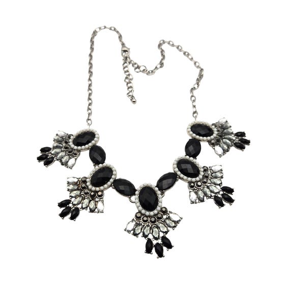 Vintage-Inspired Statement Necklace With Black & White Gem Accents 18 " w/ 3 " Ext.