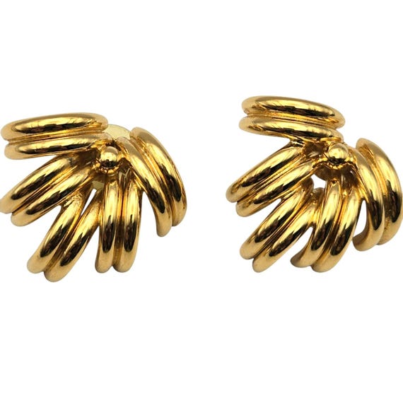 Vtg Gold Tone Tubular Style Cluster Earrings Geometric MCM Design 1.5" X 1.25" Studs With 0.5" Rise From Lobe