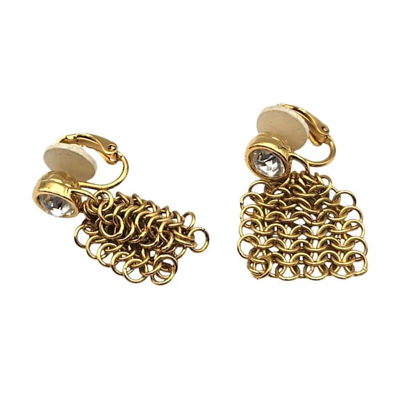 Vtg Swarovski Crystal Gold Chain Dangle Clip-On Earrings With Clear Rhinestones 1 1/4 " x 3/4 "
