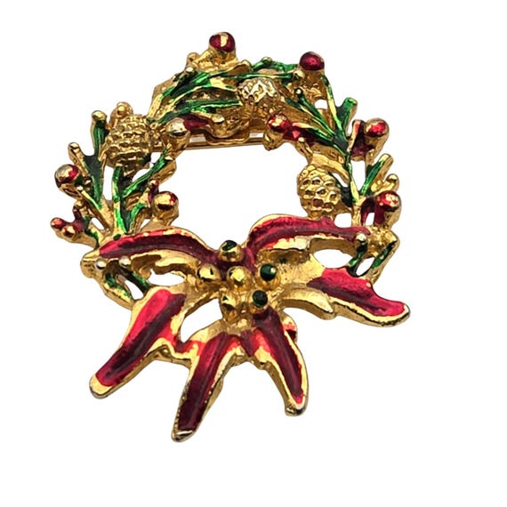 Vintage Christmas Wreath Brooch Pin With Red Bow & Festive Pinecones