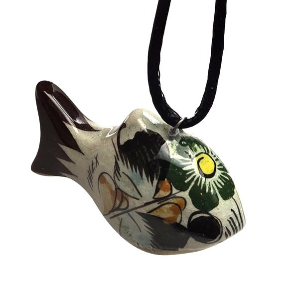 Vtg Mexican Pottery Folk Art Fish Pendant Necklace With Silk Corded Chain 15 "