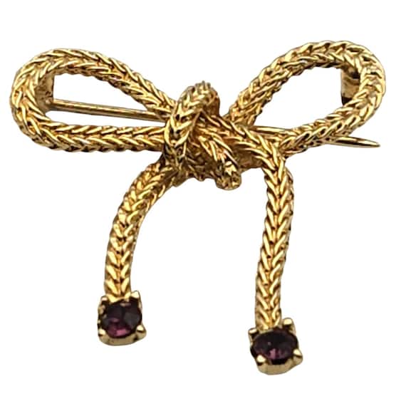 Vtg Monet Bow Brooch Gold Tone Woven Design With Purple Rhinestone Accents 1 "