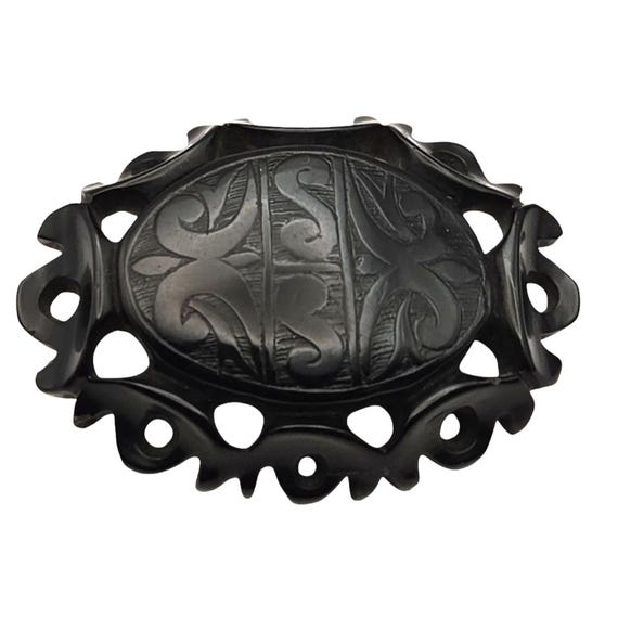 Antique Victorian Whitby Jet Mourning Brooch Carved Floral Design Oval Shape