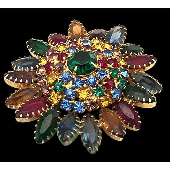 Vtg. Delizza & Elster Juliana Rhinestone Floral Brooch Multicolor Gold-Tone Pin Unmarked
