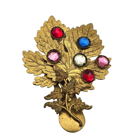 Vintage Gold Tone 1940s Jeweled Leaf Dress Clip - Brooch With Multicolor Rhinestones