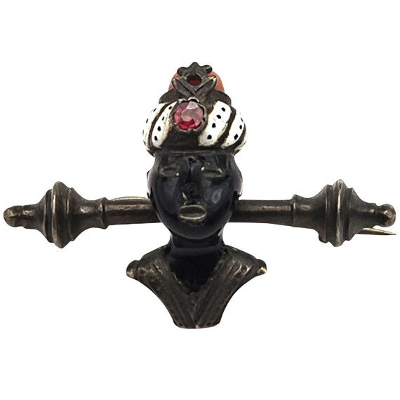 Rare Vintage Blackamoor Silver Brooch Pin W/ Enamel Crown Coral Top Garnet Accent 1.5" X 1" Elegant Jewelry Piece