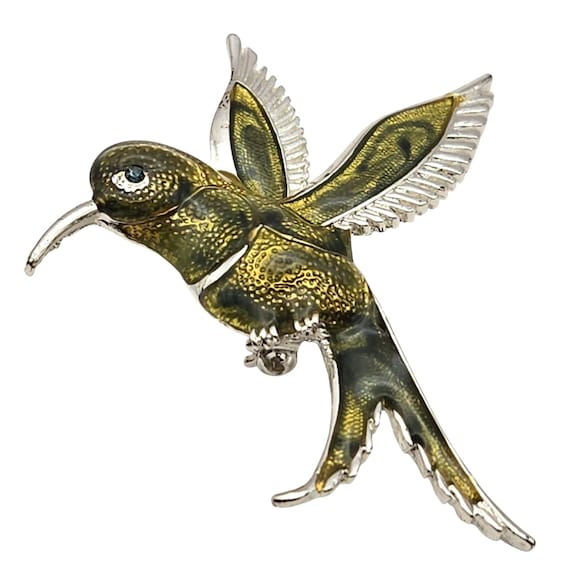 Vintage Enamel & Silver Hummingbird Brooch Pin 2 3/4 " X 2 1/4 "