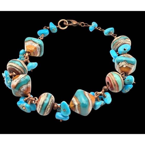Vintage Turquoise & Copper Beaded Bracelet Handmade Native American Style 7 1/2 "