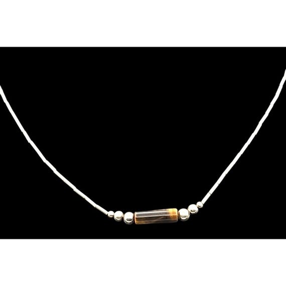 Tigers Eye & Silver Beaded Necklace With Barrel Clasp 15" Long Vintage Jewelry Piece