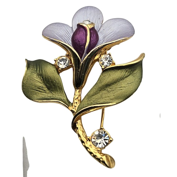 Vintage Floral Enamel Brooch With Rhinestones & Gold-Tone Metal 1 3/4 " X 1 1/4 "