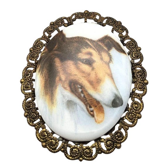 Vintage Ceramic Lassie Collie Dog Brooch W/ Ornate Brass Frame Marked West Germany 2" X 1.5"