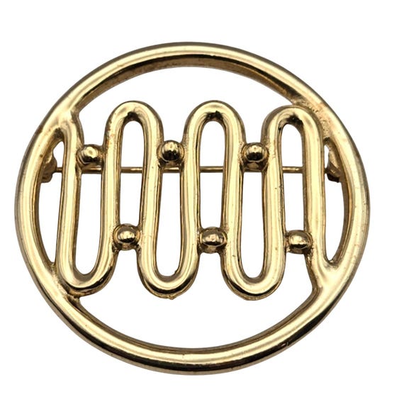 Vtg Gold Tone Geometric Mid-Century Modern Brooch Pin 1.75" Circular Design