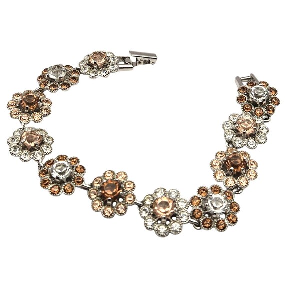Vtg Sterling Silver Nolan Miller Rhinestone Floral Bracelet With Peach & Clear Crystals