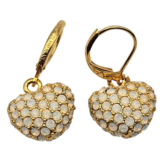 Vintage Joan Rivers Gold-Tone Heart Earrings With Opalescent Rhinestones Leverback Design 1 1/4 " x 1/2 "