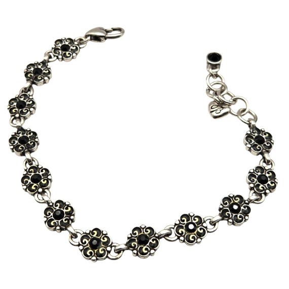 Vtg Brighton Black Enamel Floral Bracelet 7 3/4" Adjustable Silver-Tone Link Flowers With Black Enamel Accents