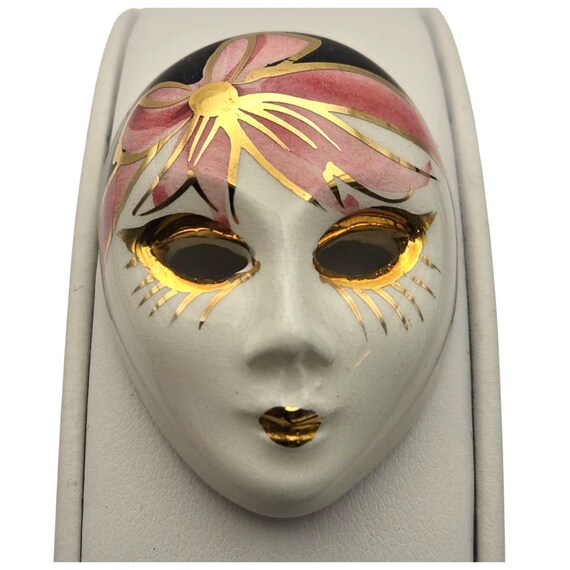 Vintage Porcelain Mask Face Pin/Brooch Hand Decorated Gold Accents