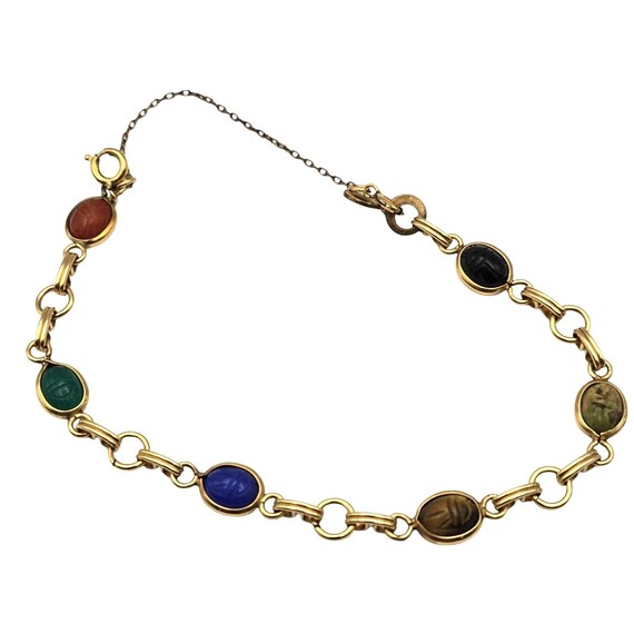 Vtg Winard 14K Gold-Filled Scarab Bracelet W/ Carved Gemstone Cabochons 7 " w/ Safety Chain
