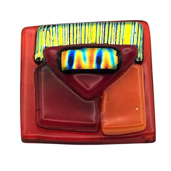 Handcrafted Vintage Dichroic Glass Pin Brooch With Multicolor Abstract Design - Square Shape - Red & Orange Accents