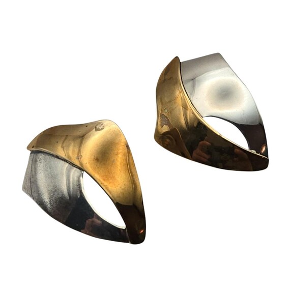 Vtg MCM Sterling Silver & Gold Tone Geometric Concave Stud Earrings 1 3/8" X 1" Two Tone
