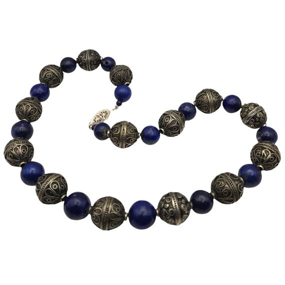 Handmade Sterling Silver & Lapis Lazuli Beaded Necklace 18"