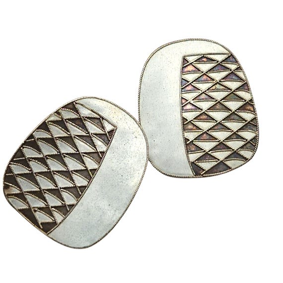 Vintage Sterling Silver Geometric Enamel Stud Earrings W/ Pearl Luster & MCM Design