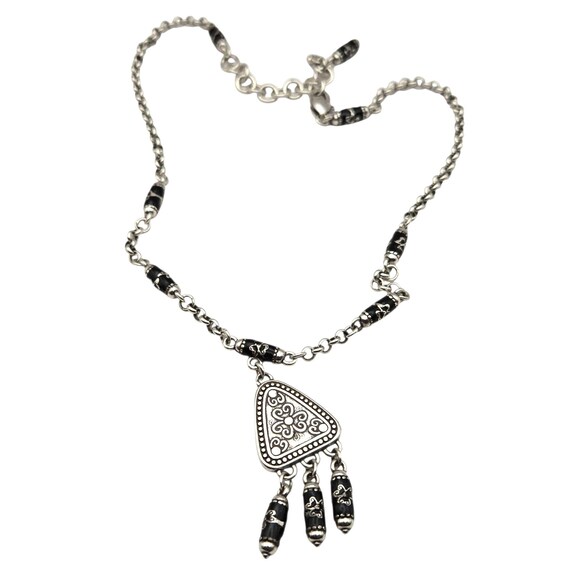 Vtg Brighton Pendant Tassel Necklace W/ Black Enamel Beads & Ext. Chain