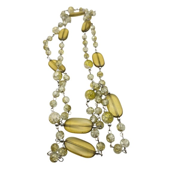 Vtg Lime Green Resin Beaded Necklace W/ Crystal Resin Accents Double Strand Lariet 54" Long Jewelry Statement Piece