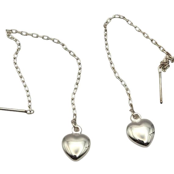 Vtg Sterling Silver Long Chain Heart Stud Earrings 3 1/2 " x 1/4 " Heart