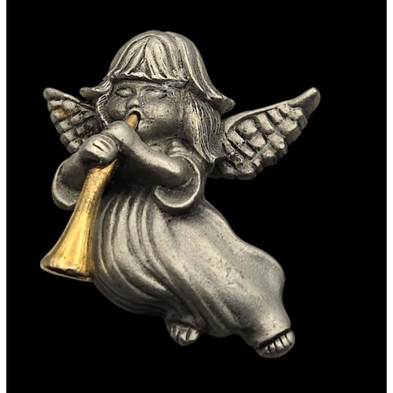 Vintage Daria Pewter & Brass Angel Playing Trumpet Brooch Pin