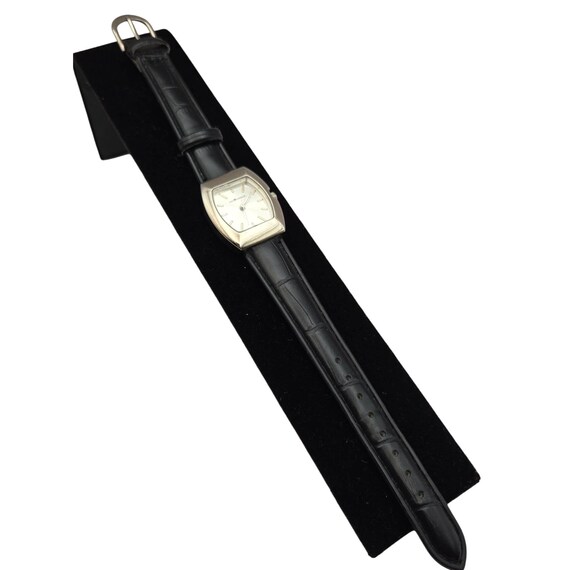 Vtg Sag Harbor Ladies Wristwatch Silver Tone Finish Black Faux Leather Strap 8 1/4" Length 7/8"x1" Face