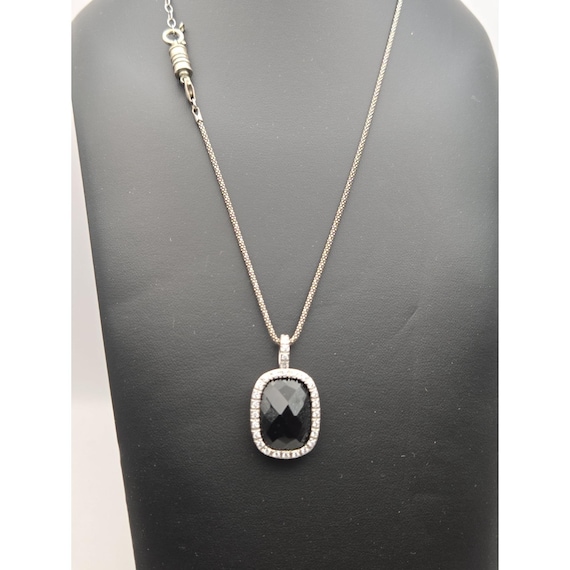 Elegant Black Onyx & Silver Pendant Necklace With Rhinestones