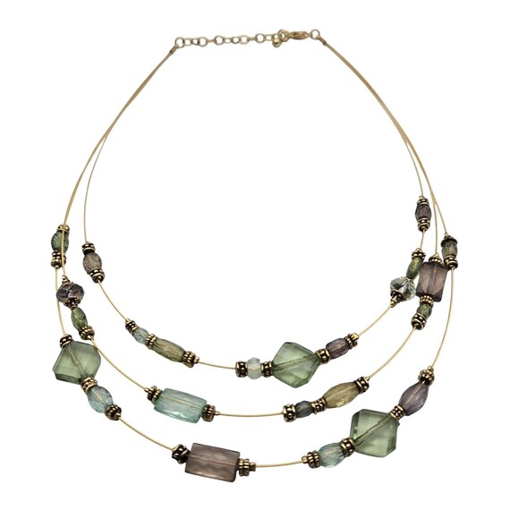 Vintage Lucite Beaded Three Strand Necklace With Gold Tone Chain & Clasp 18 "