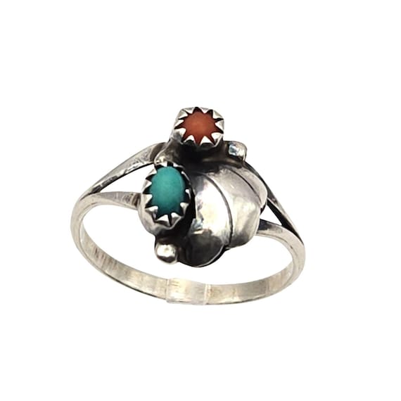 Vtg Native American Sterling Silver Turquoise & Coral Gemstone Ring Size 6 3/4