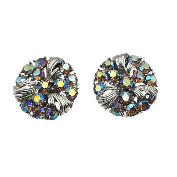 Vtg Lisner AB Rhinestone Silver Tone Clip-On Button Style Earrings 1" Elegant Design