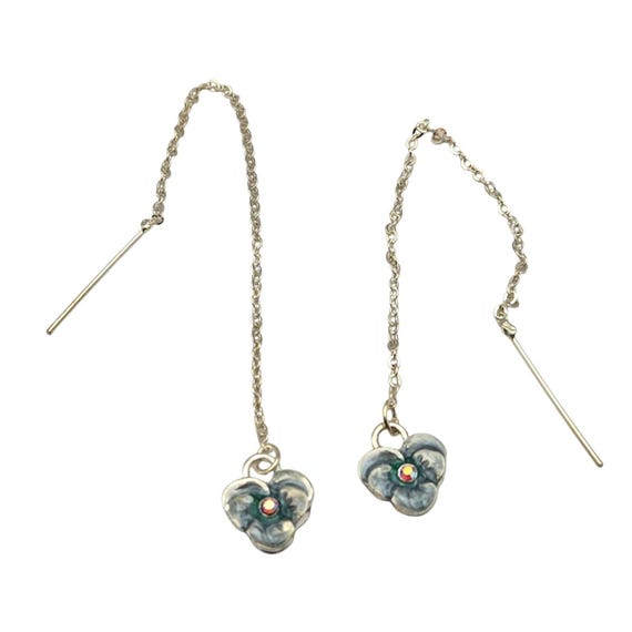 Vtg 925 Sterling Silver Long Chain Bar Dangle Earrings W/ Floral Charms & AB Rhinestones