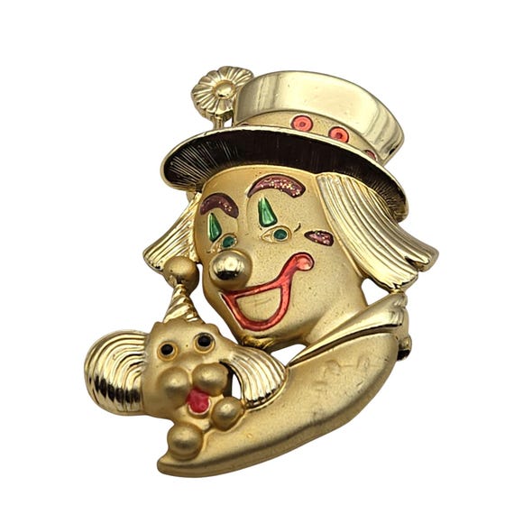 Vtg Danecraft Gold Tone Clown Brooch Pin With Dog 2 1/4" X 1 1/2"