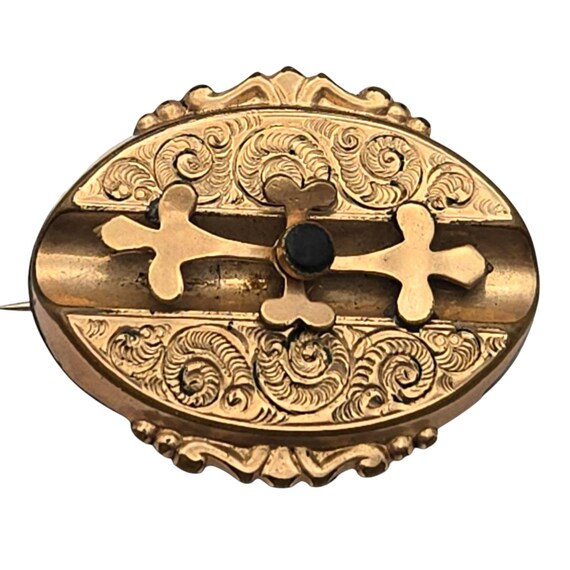 Vtg Victorian Rose Gold Plated Brooch Pin Pendant With Ornate Cross & Scroll Design - Antique Jewelry Accessory
